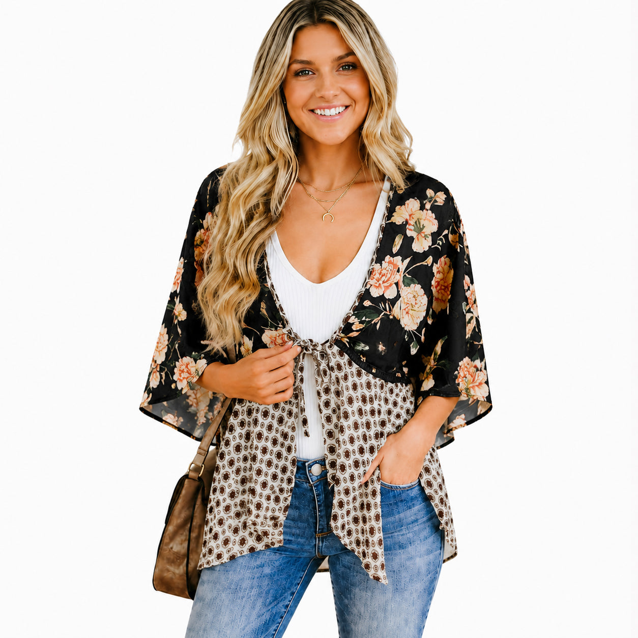 Women's Floral Kimono Cardigan 🌸 Flowy 3/4 Sleeve Tie Front Beach Cover Up Top