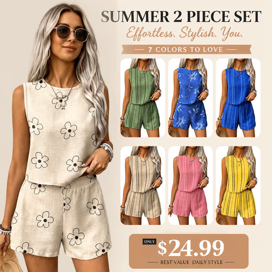 🌸 Trending Striped Two Piece Set ✿ Women's Crop Tank Top & Shorts Matching Outfit ✿ Sleeveless Summer Casual Vacation Co-Ord Set