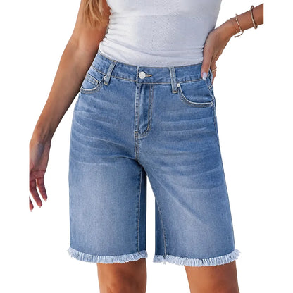 Jean Bermuda Shorts for Women Trendy Mid Rise Raw Hem Knee Length Stretchy Denim Long Shorts