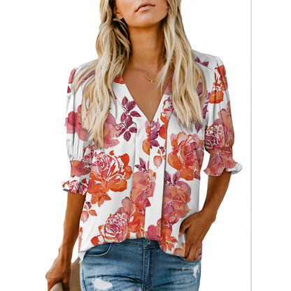 Women's Lightweight Floral Blouse 🌸 Cute V-Neck Ruffle Sleeve Summer Top