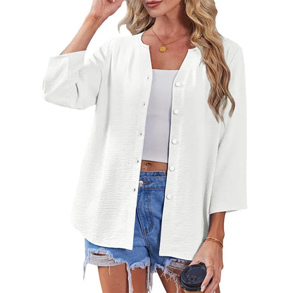 Women's V-Neck Button-Down Blouse ✨ 3/4 Sleeve Loose Fit Business Casual Top