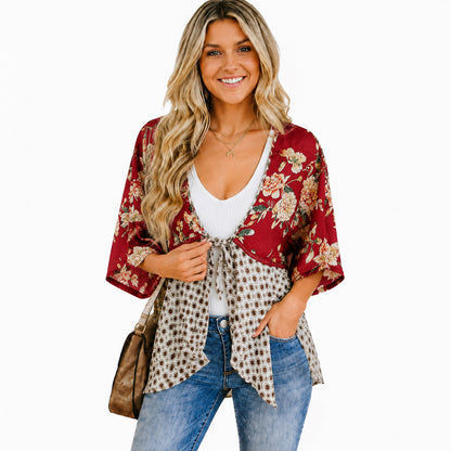 Women's Floral Kimono Cardigan 🌸 Flowy 3/4 Sleeve Tie Front Beach Cover Up Top