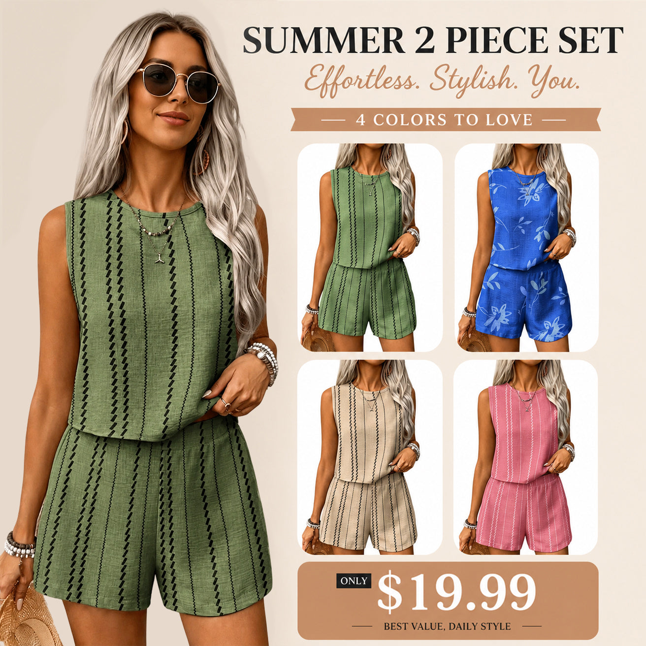 🌸 Trending Striped Two Piece Set ✿ Women's Crop Tank Top & Shorts Matching Outfit ✿ Sleeveless Summer Casual Vacation Co-Ord Set
