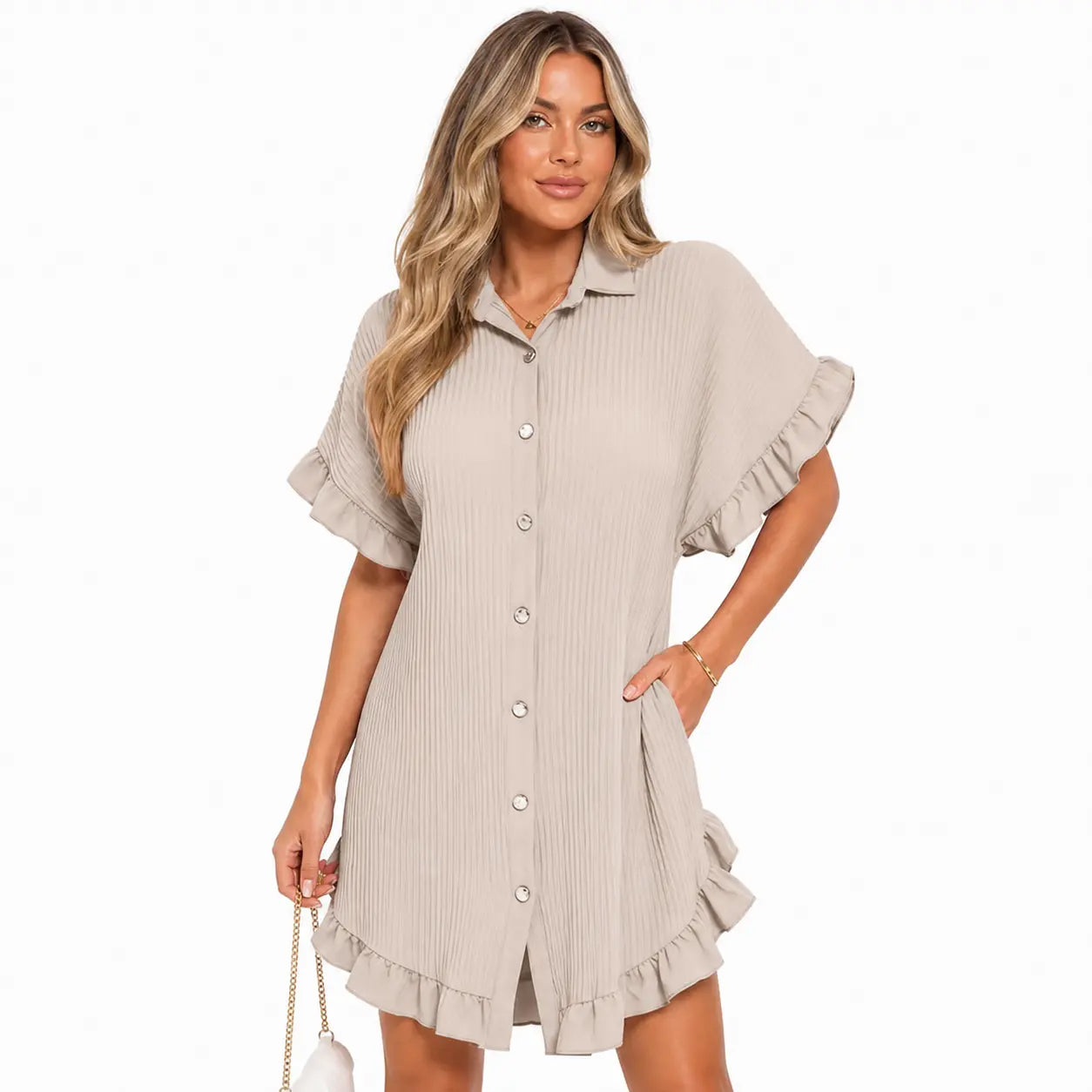 Women's Pleated Shirt Dress ✨ Gold Button Short Sleeve Ruffle Smock Dress