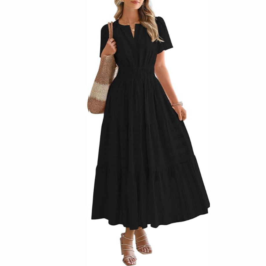 Women's Summer Boho Midi Maxi Dress 🌸 Lightweight V Neck Elastic Waist with Pockets | Casual Beach Dress