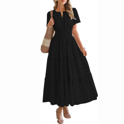Women's Summer Boho Midi Maxi Dress 🌸 Lightweight V Neck Elastic Waist with Pockets | Casual Beach Dress