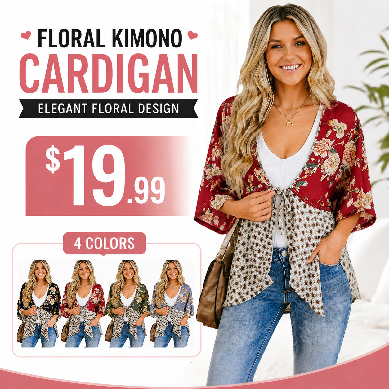 Women's Floral Kimono Cardigan 🌸 Flowy 3/4 Sleeve Tie Front Beach Cover Up Top