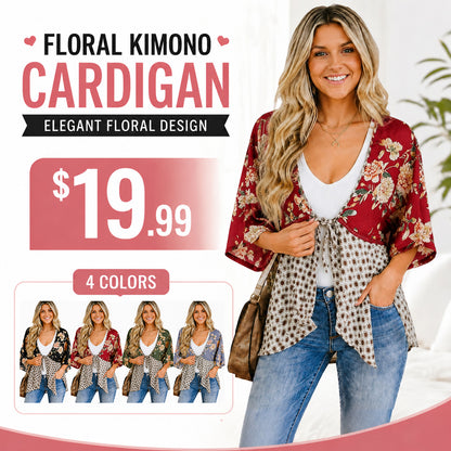 Women's Floral Kimono Cardigan 🌸 Flowy 3/4 Sleeve Tie Front Beach Cover Up Top