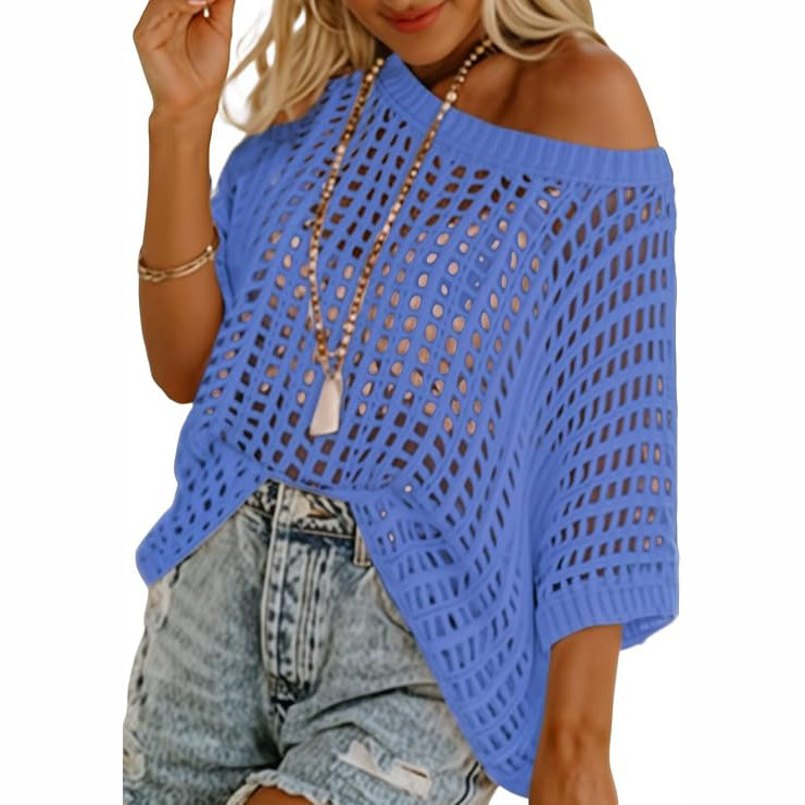 Women's Summer Crochet Top 🌸 Lightweight Hollow Out Knit Short Sleeve Sweater