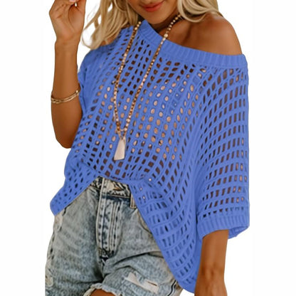 Women's Summer Crochet Top 🌸 Lightweight Hollow Out Knit Short Sleeve Sweater