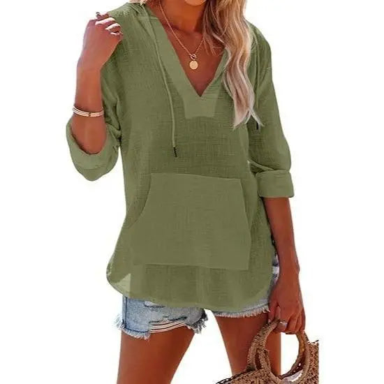 Women's Beach Cover Up Hoodie Long Sleeve V Neck Swim Coverup Shirt with Pocket Lightweight Hooded Tunic Top