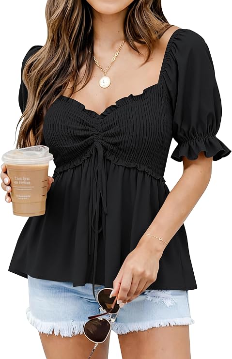 Women's Peplum Blouse ✨ Puff Short Sleeve Babydoll Top with Flattering Fit