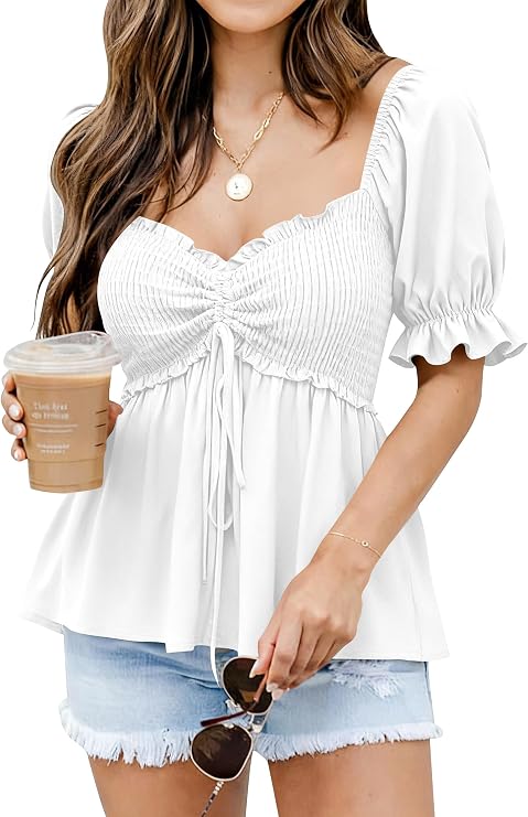 Women's Peplum Blouse ✨ Puff Short Sleeve Babydoll Top with Flattering Fit