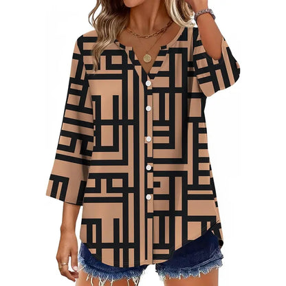 Women's V-Neck Button-Down Blouse ✨ 3/4 Sleeve Loose Fit Business Casual Top