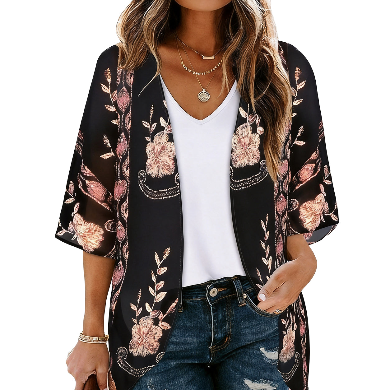 Women's Floral Kimono Cardigan 🌸 Flowy Lightweight Puff Sleeve Cover Up Blouse