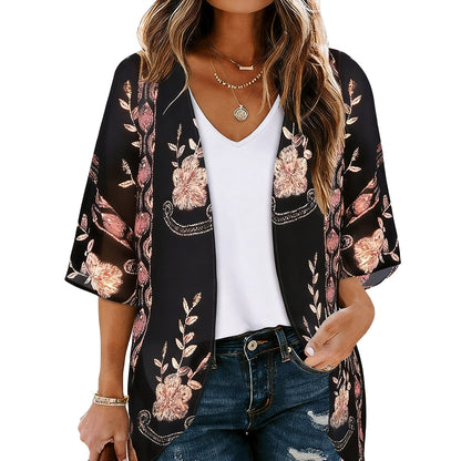 Women's Floral Kimono Cardigan 🌸 Flowy Lightweight Puff Sleeve Cover Up Blouse