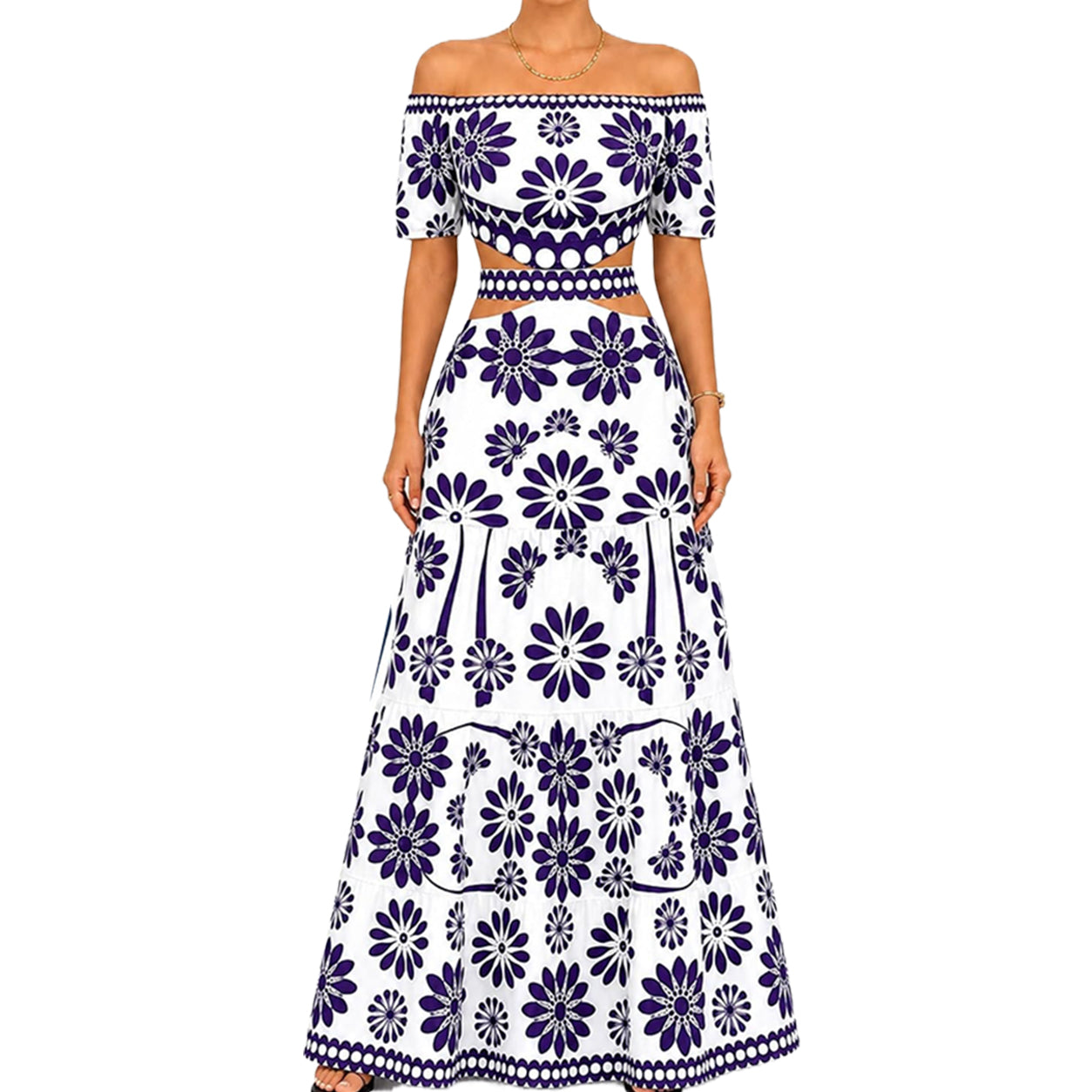 Women's Off-Shoulder Daisy Maxi Dress 🌼 Floral Cutout Waist Resort Dress for Summer Vacation