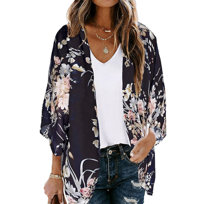 Women's Floral Kimono Cardigan 🌸 Flowy Lightweight Puff Sleeve Cover Up Blouse