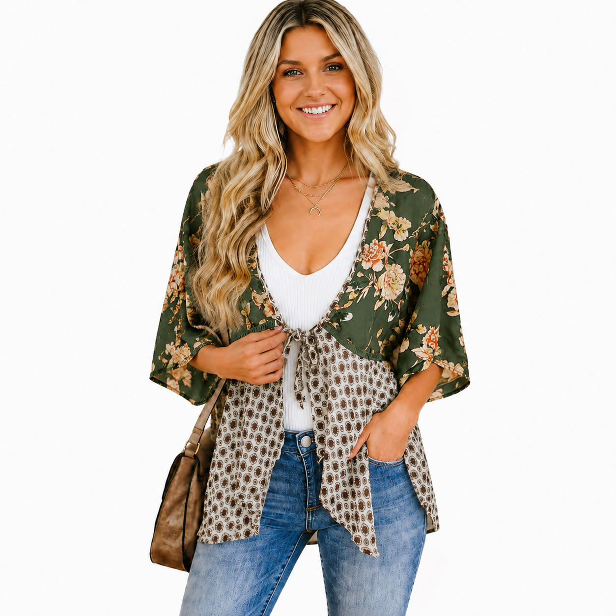 Women's Floral Kimono Cardigan 🌸 Flowy 3/4 Sleeve Tie Front Beach Cover Up Top