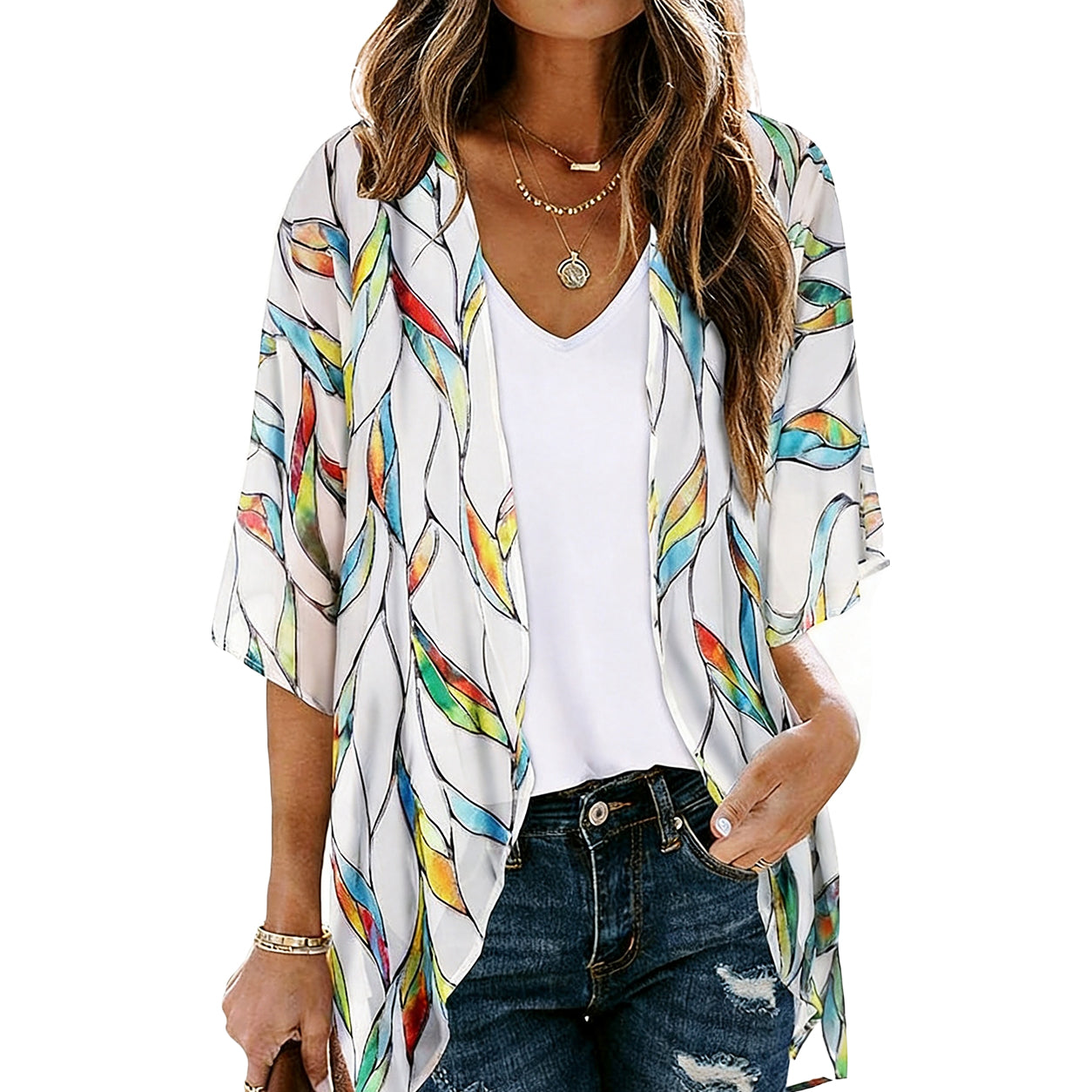 Women's Floral Kimono Cardigan 🌸 Flowy Lightweight Puff Sleeve Cover Up Blouse