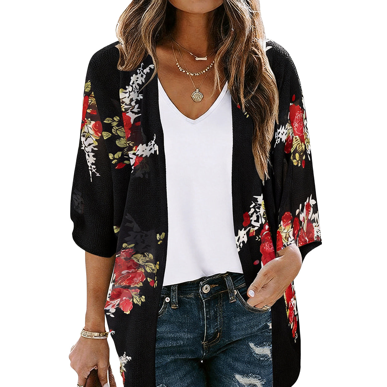 Women's Floral Kimono Cardigan 🌸 Flowy Lightweight Puff Sleeve Cover Up Blouse