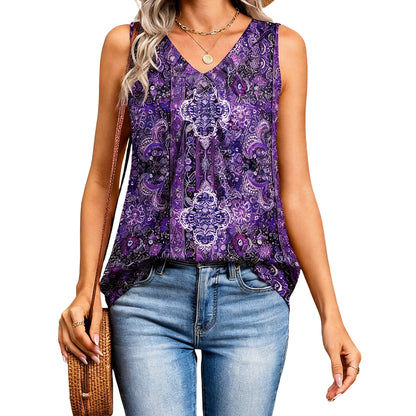 Women's V-Neck Pleated Tank Top ✨ Sleeveless Loose Fit Dressy Casual Summer Blouse
