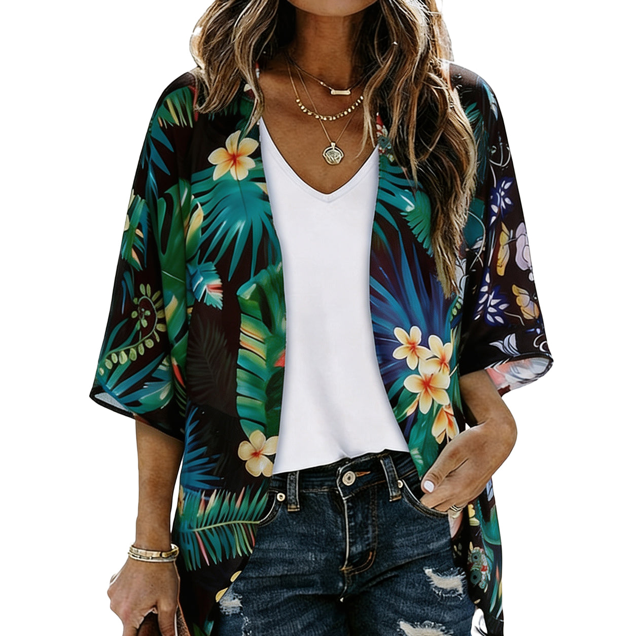 Women's Floral Kimono Cardigan 🌸 Flowy Lightweight Puff Sleeve Cover Up Blouse