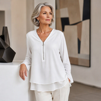 Double-Layer V-neck Zipper 3/4 Sleeves Soft Tops