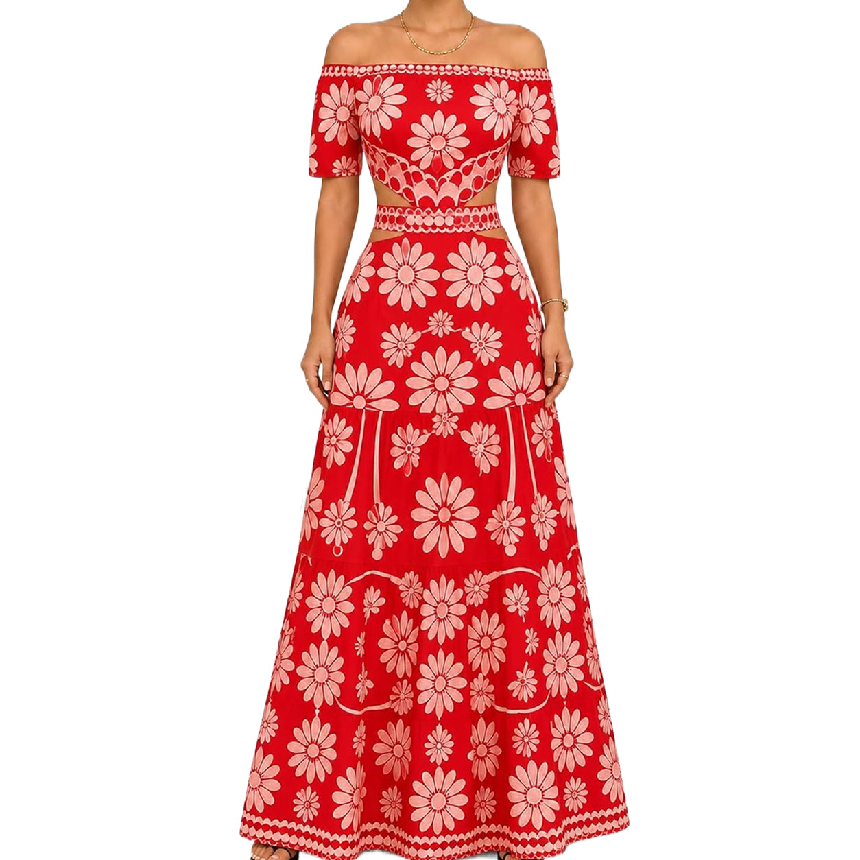 Women's Off-Shoulder Daisy Maxi Dress 🌼 Floral Cutout Waist Resort Dress for Summer Vacation