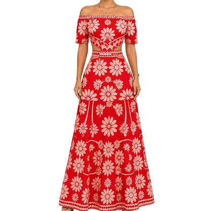 Women's Off-Shoulder Daisy Maxi Dress 🌼 Floral Cutout Waist Resort Dress for Summer Vacation