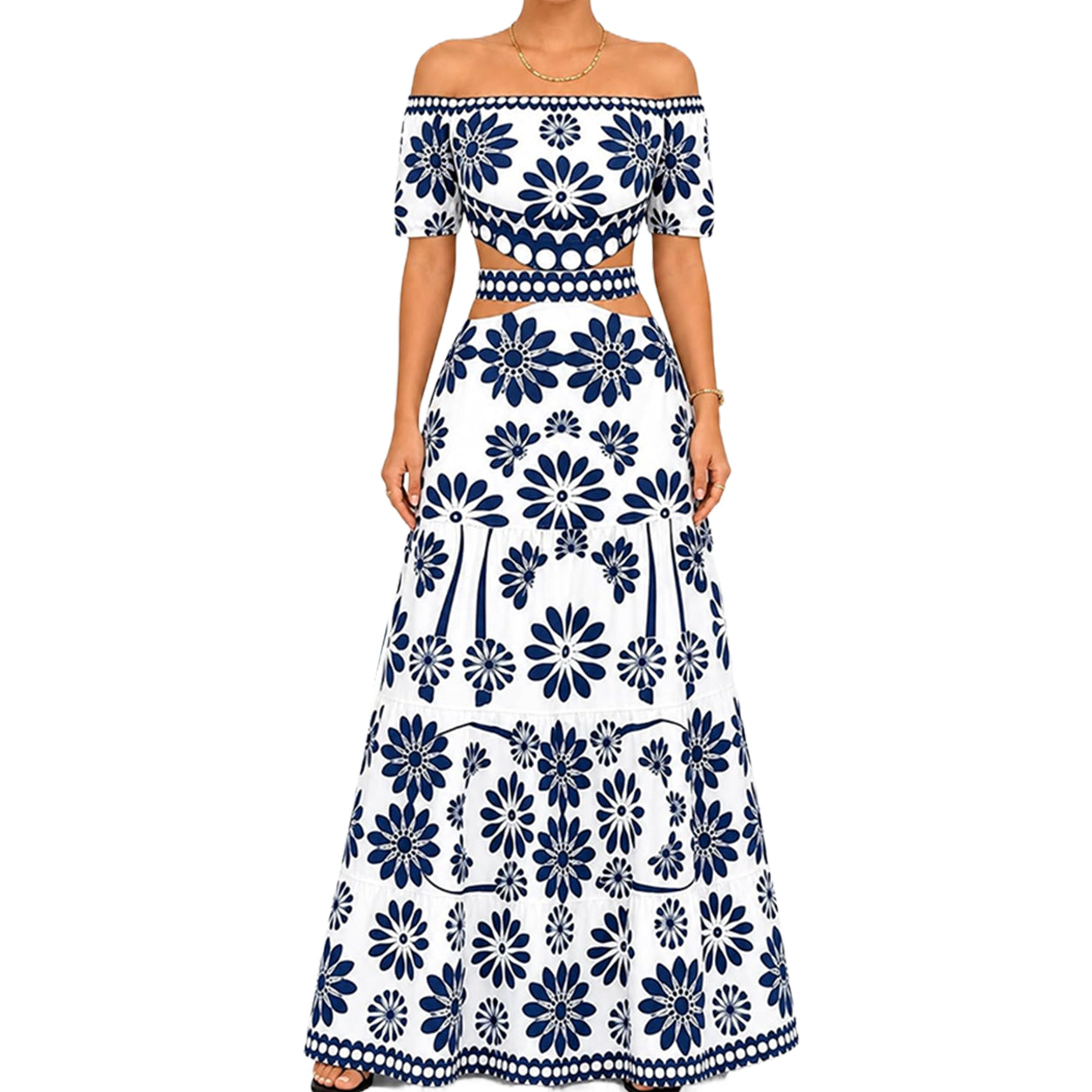 Women's Off-Shoulder Daisy Maxi Dress 🌼 Floral Cutout Waist Resort Dress for Summer Vacation