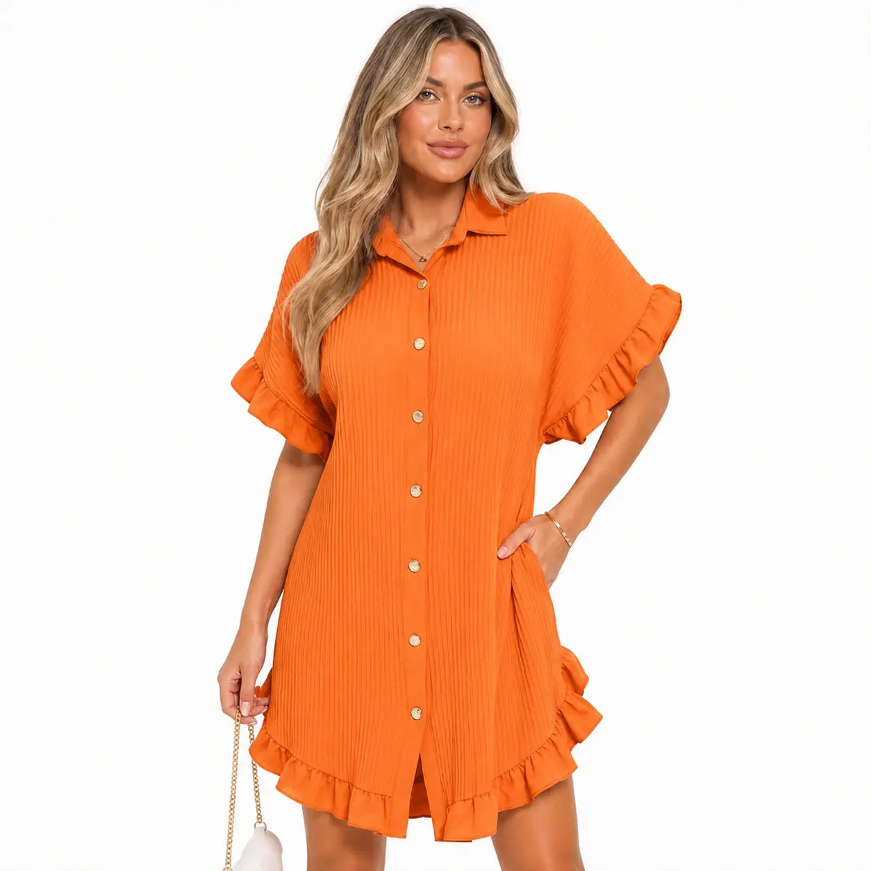 Women's Pleated Shirt Dress ✨ Gold Button Short Sleeve Ruffle Smock Dress