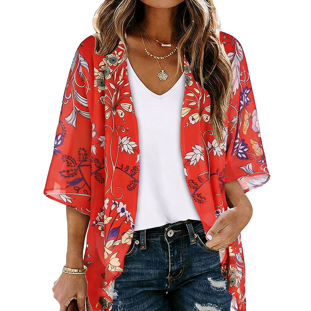 Women's Floral Kimono Cardigan 🌸 Flowy Lightweight Puff Sleeve Cover Up Blouse