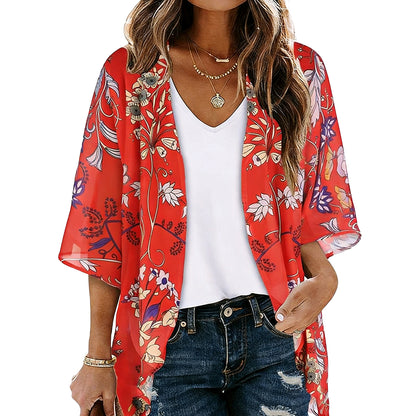 Women's Floral Kimono Cardigan 🌸 Flowy Lightweight Puff Sleeve Cover Up Blouse
