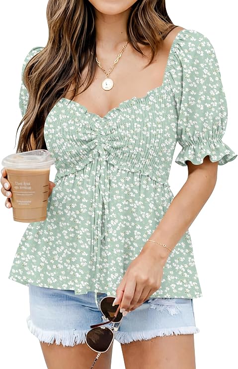 Women's Peplum Blouse ✨ Puff Short Sleeve Babydoll Top with Flattering Fit
