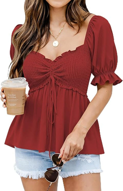 Women's Peplum Blouse ✨ Puff Short Sleeve Babydoll Top with Flattering Fit