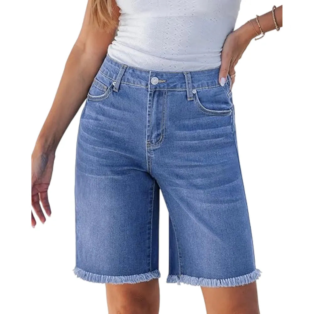 Jean Bermuda Shorts for Women Trendy Mid Rise Raw Hem Knee Length Stretchy Denim Long Shorts
