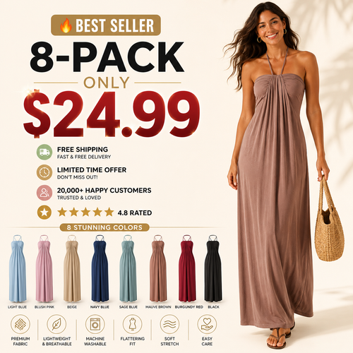 Women's Halter Tie-Back Maxi Dress 🌸 Flowy Summer Dress with Pockets