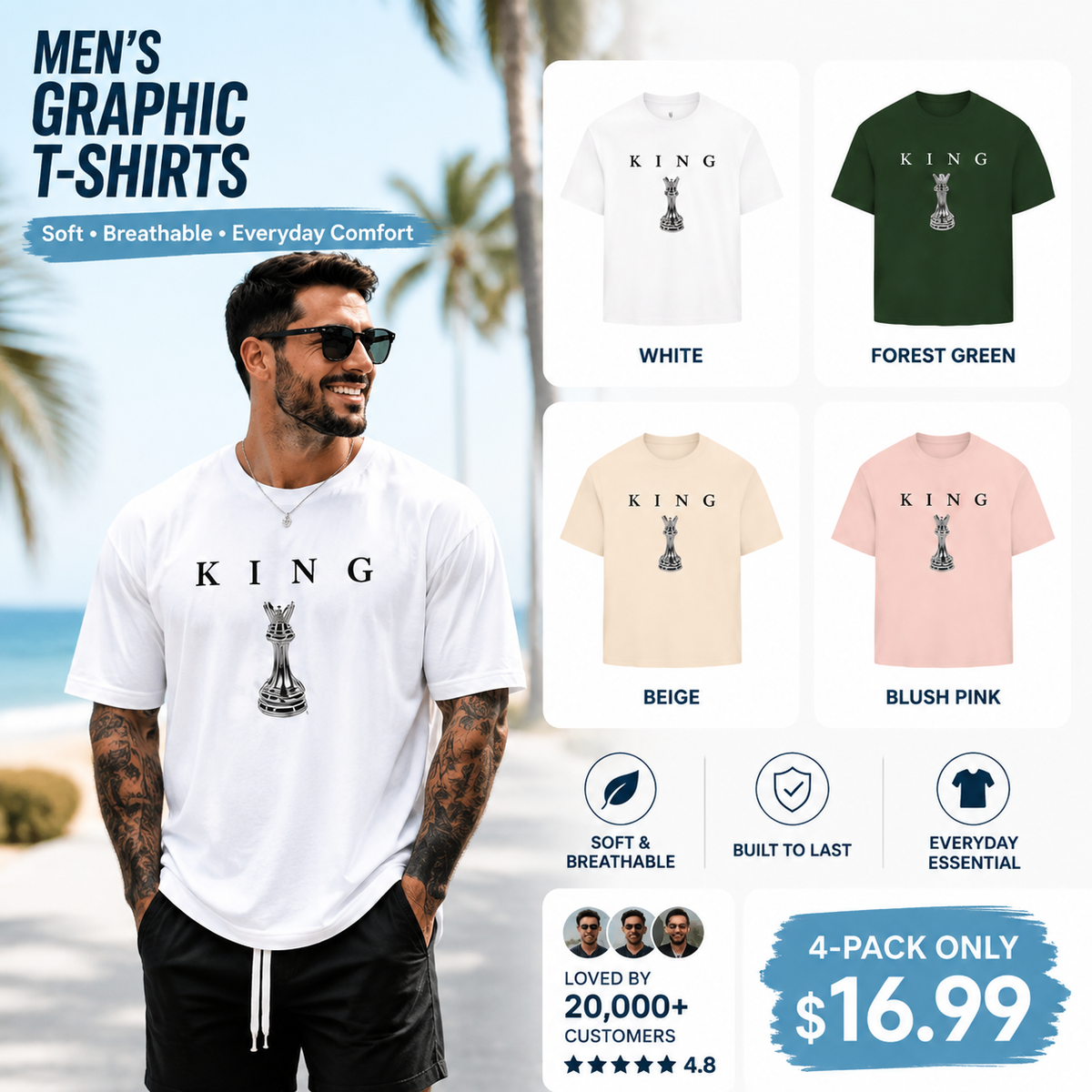 Men's King Chess Graphic T-Shirt ♟️ Urban Streetwear Printed Tee Casual Short Sleeve Shirt