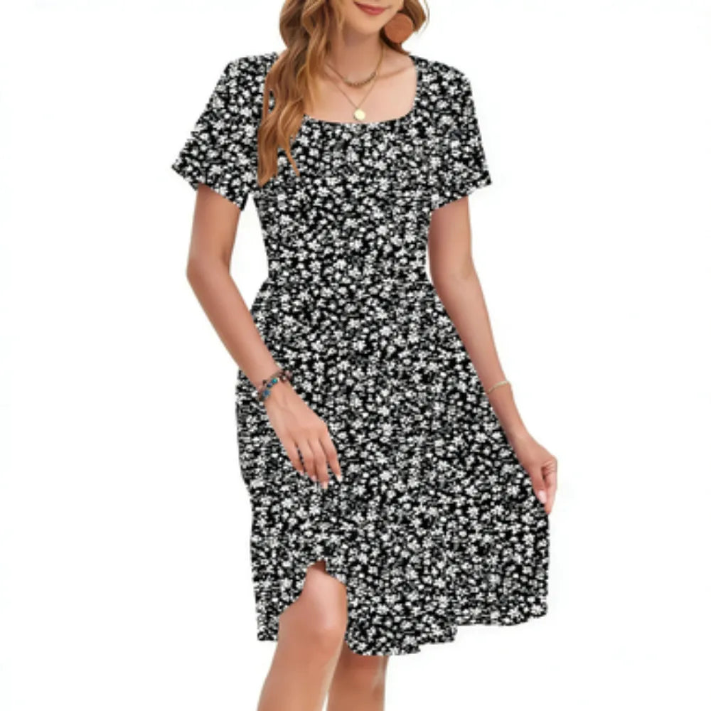 Women Square Neck Floral Print Ruffle Hem Empire Waist A-Line Dress with Pockets