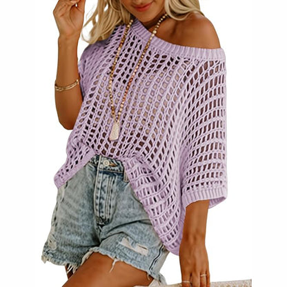 Women's Summer Crochet Top 🌸 Lightweight Hollow Out Knit Short Sleeve Sweater