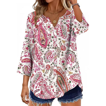 Women's V-Neck Button-Down Blouse ✨ 3/4 Sleeve Loose Fit Business Casual Top