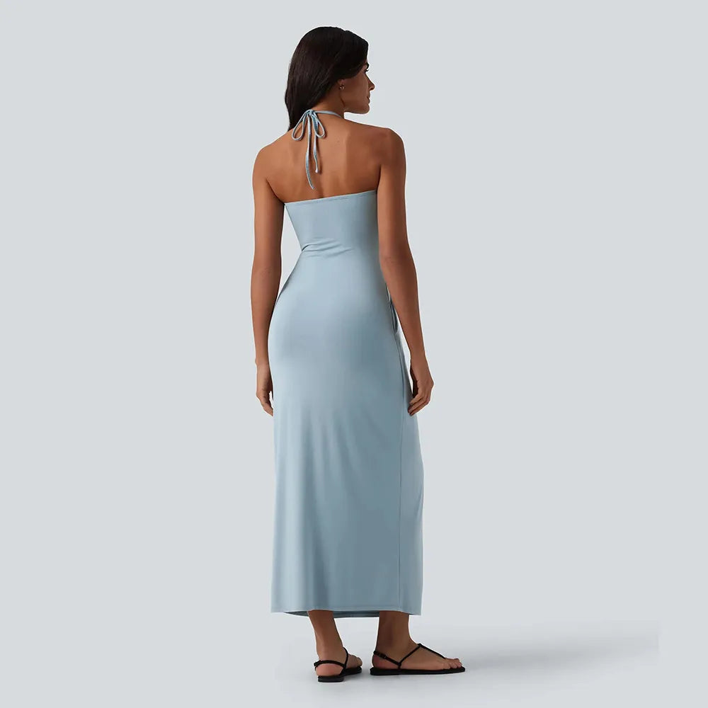 Women's Halter Tie-Back Maxi Dress 🌸 Flowy Summer Dress with Pockets