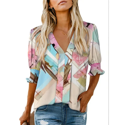Women's Lightweight Floral Blouse 🌸 Cute V-Neck Ruffle Sleeve Summer Top