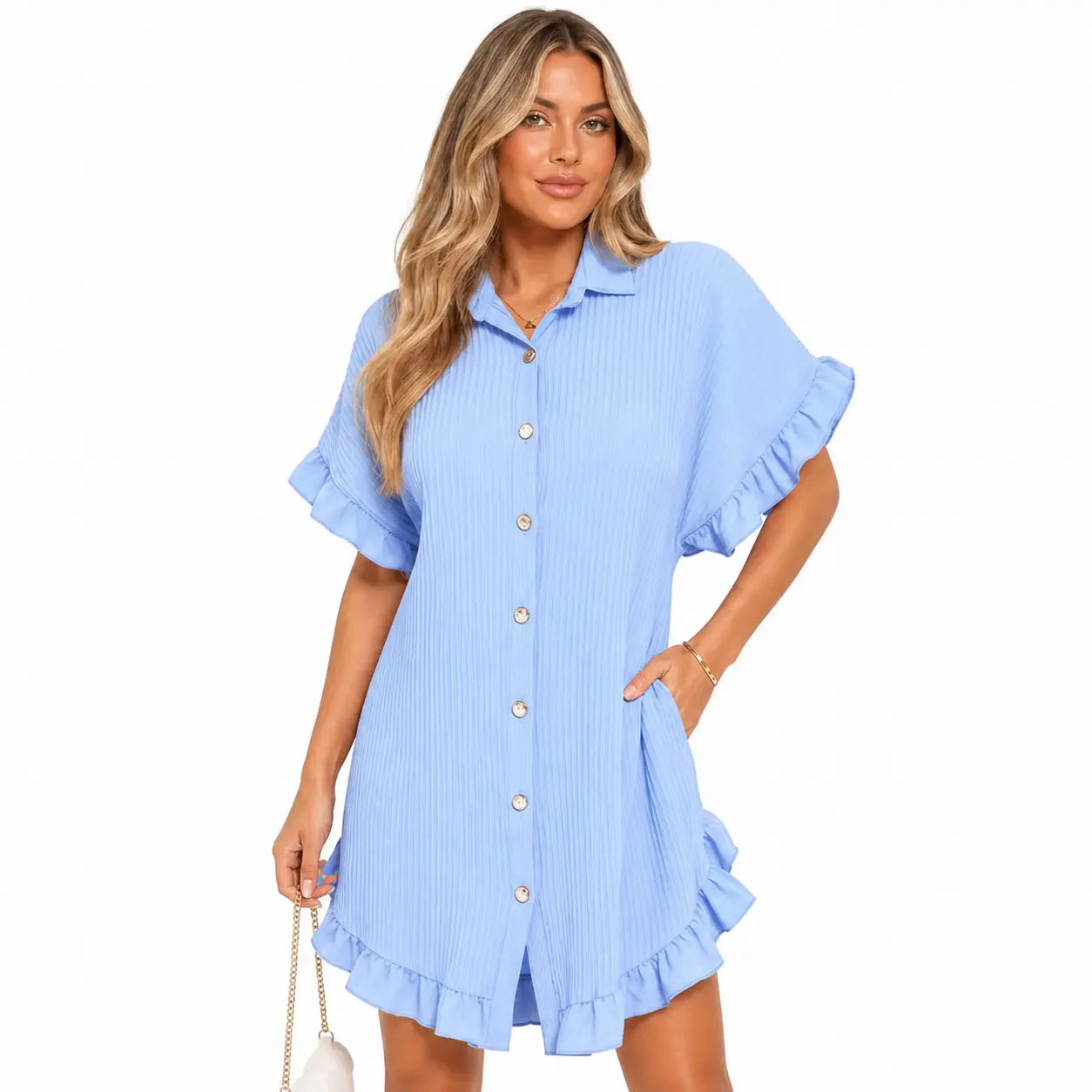 Women's Pleated Shirt Dress ✨ Gold Button Short Sleeve Ruffle Smock Dress