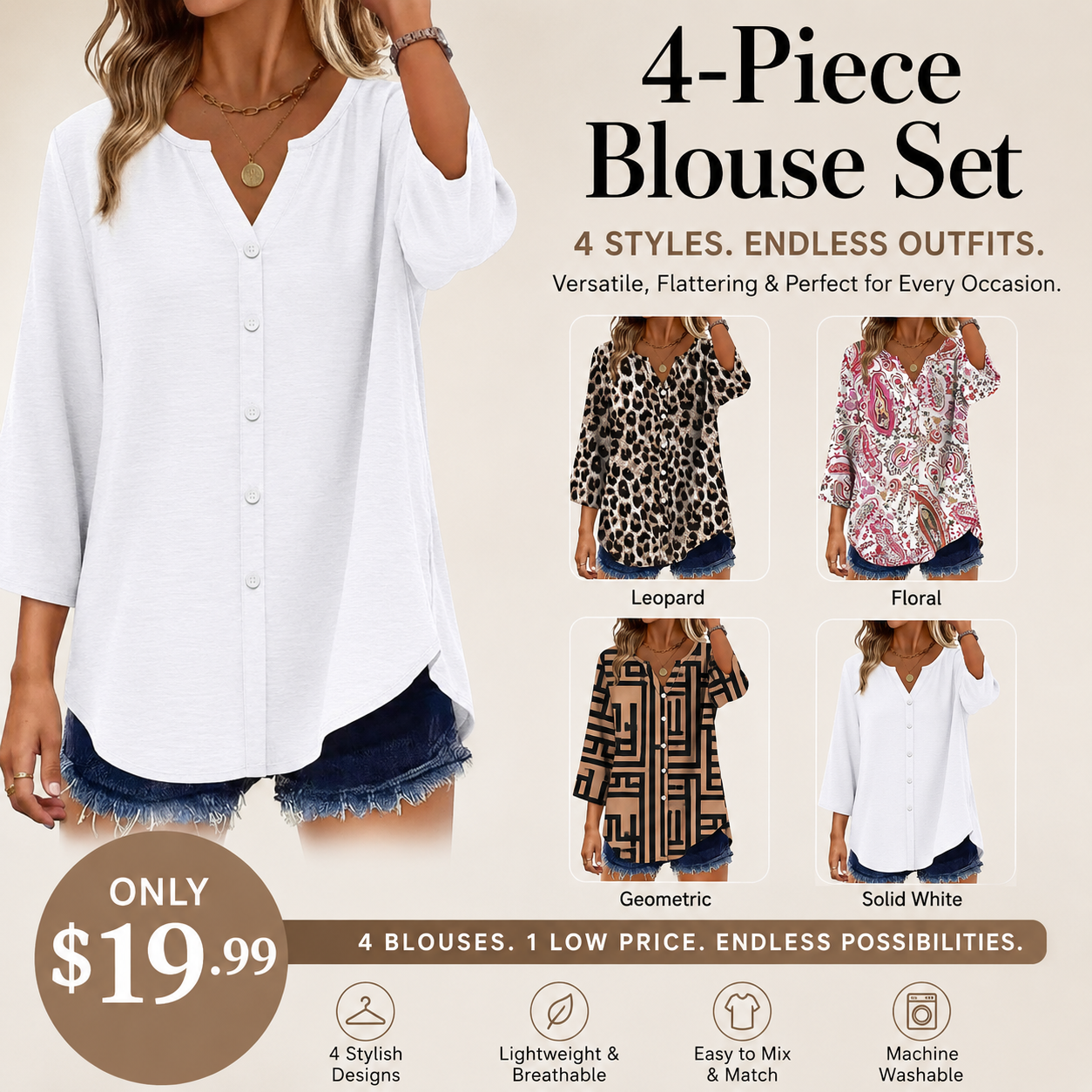 Women's V-Neck Button-Down Blouse ✨ 3/4 Sleeve Loose Fit Business Casual Top