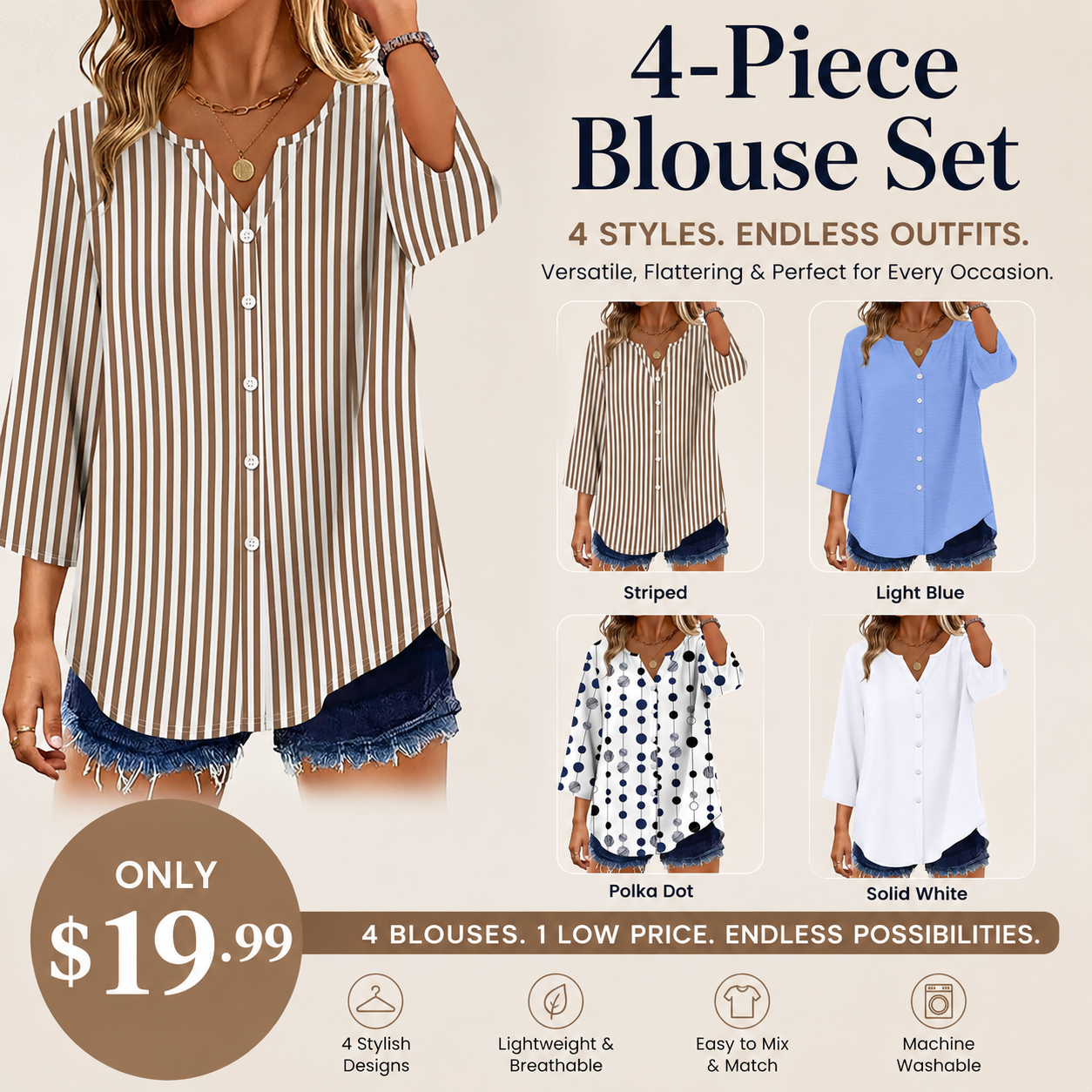 Women's V-Neck Button-Down Blouse ✨ 3/4 Sleeve Loose Fit Business Casual Top