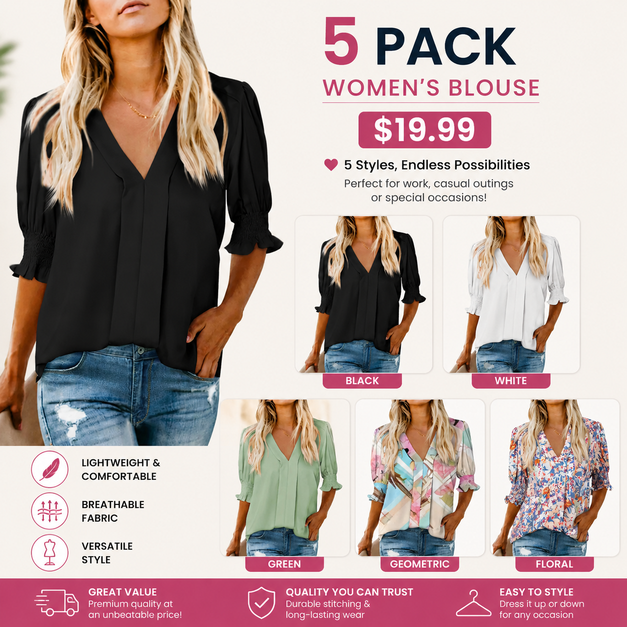 Women's Lightweight Floral Blouse 🌸 Cute V-Neck Ruffle Sleeve Summer Top