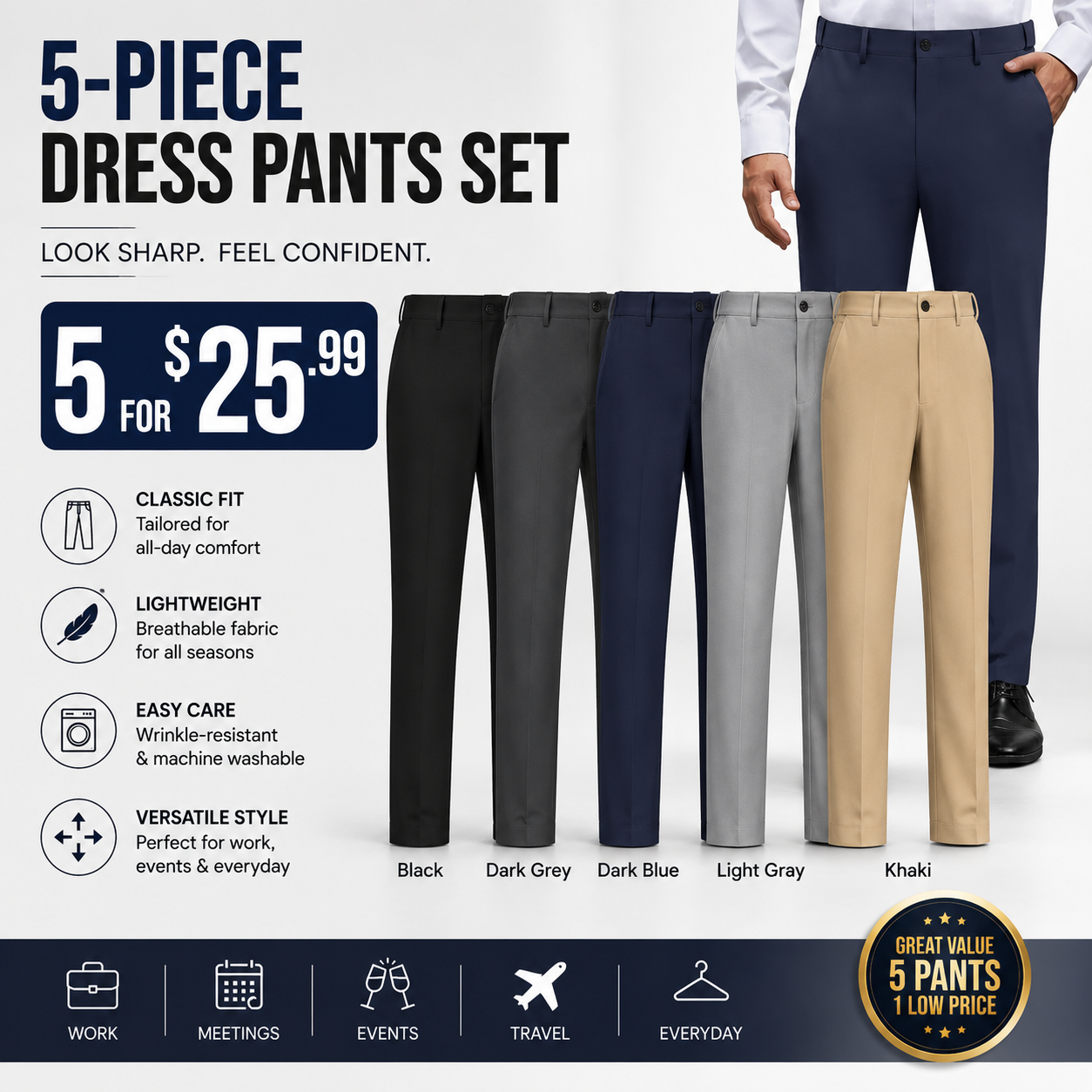 Men's Stretch Dress Pants – No Iron, Wrinkle-Resistant Business Casual Golf Pants with Expandable Waist