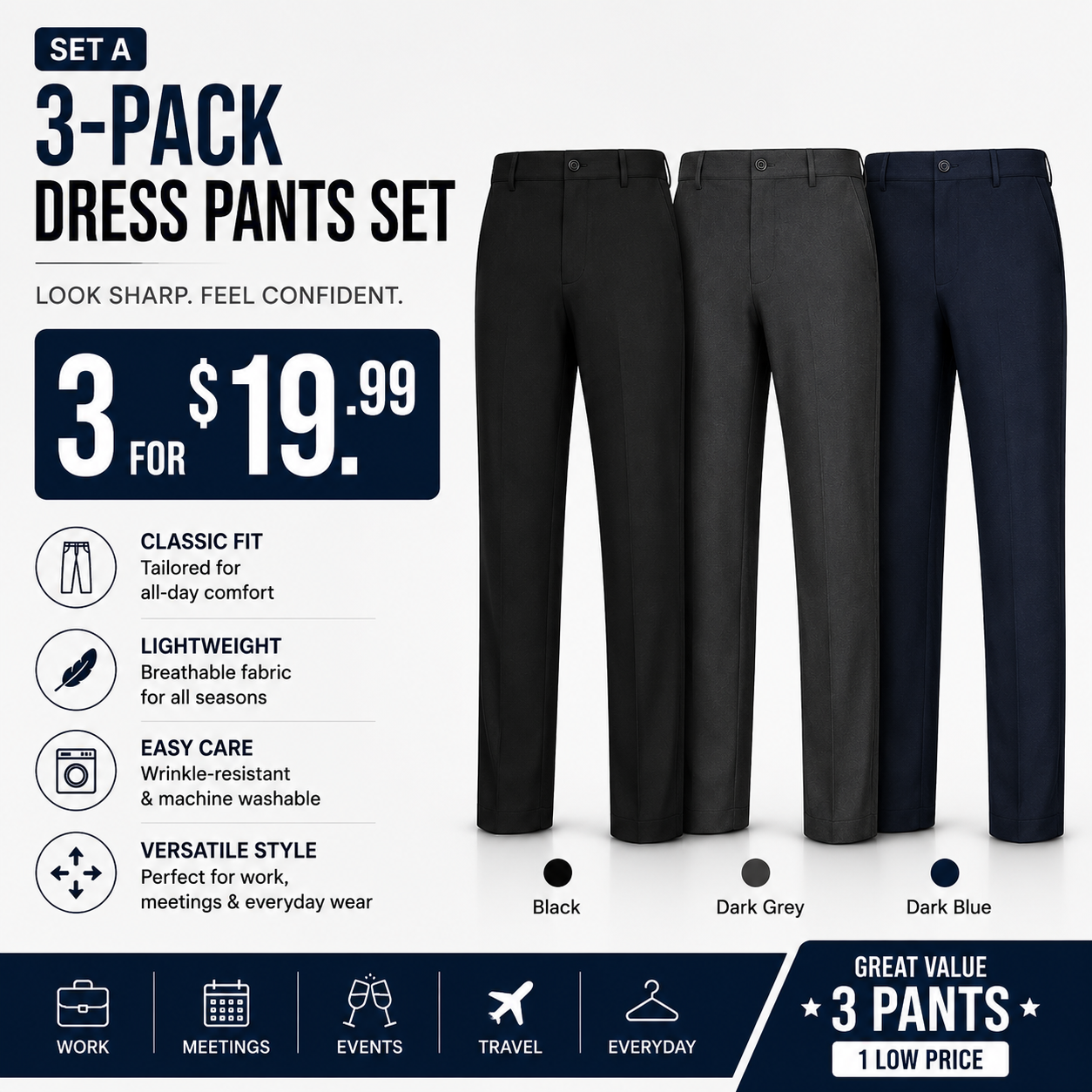 Men's Stretch Dress Pants – No Iron, Wrinkle-Resistant Business Casual Golf Pants with Expandable Waist